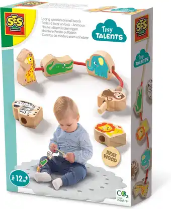 Ses - tiny talents - houten dierenkralen rijgen - veilig rijgkoord met hout - makkelijk voor de kleine handjes