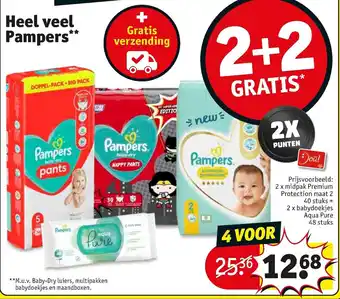 Kruidvat Heel veel pampers 2 x midpak Premium Protection maat 2 40 stuks + 2 x babydoekjes Aqua Pure aanbieding