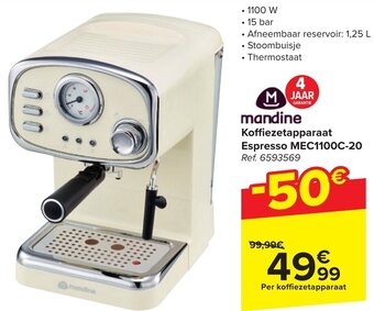 Carrefour mandine Koffiezetapparaat Espresso MEC1100C-20 aanbieding