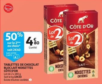 Auchan TABLETTES DE CHOCOLAT BLOC LAIT NOISETTES CÔTE D'OR 2 x 180g aanbieding