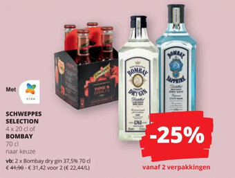 Spar Colruyt SCHWEPPES SELECTION 4 x 20 cl of BOMBAY 70 cl aanbieding