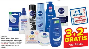 Carrefour Gamma Nivea, Nivea Men, Nivea Baby, Labello en Hansaplast  5 x 250 mL aanbieding
