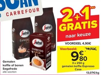 Carrefour Gemalen koffie of bonen Segafredo 3 x 250 g aanbieding