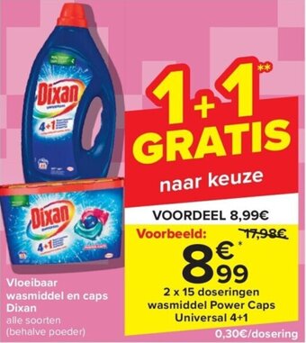 Carrefour Vloeibaar wasmiddel en caps Dixan aanbieding