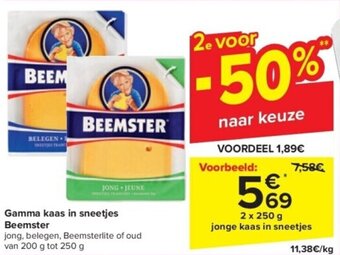 Carrefour Gamma kaas in sneetjes Beemster 2 x 250 g aanbieding