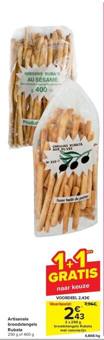 Carrefour Artisanale broodstengels Rubata 2 x 250 g aanbieding