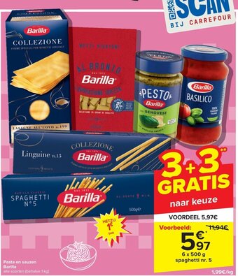 Carrefour Pasta en sauzen Barilla 6 x 500 g aanbieding