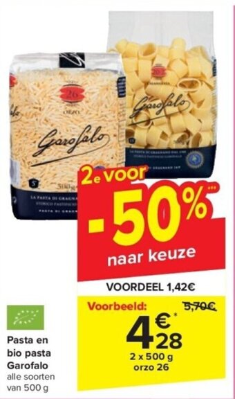 Carrefour Pasta en bio pasta Garofalo 2 x 500 g aanbieding