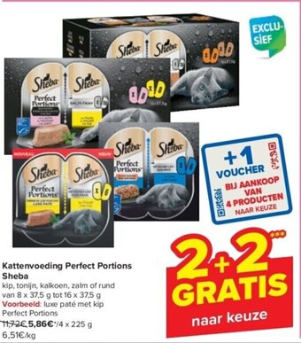 Carrefour Kattenvoeding Perfect Portions Sheba 4 x 255 kip, tonijn, kalkoen, zalm of rund van 8 x 37,5 g tot 16 x 37,5 g aanbieding