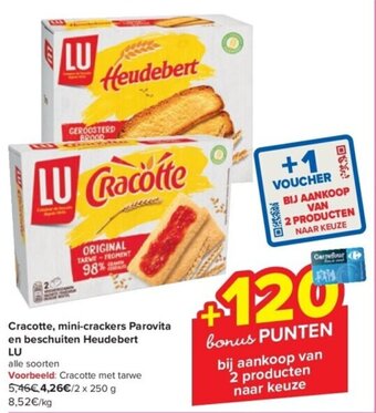 Carrefour Cracotte, mini-crackers Parovita en beschuiten Heudebert LU 2 x 250 g aanbieding