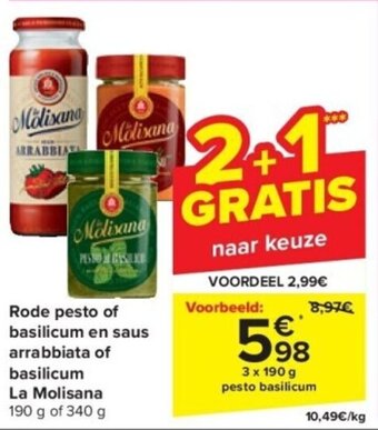 Carrefour Rode pesto of basilicum en saus arrabbiata of basilicum La Molisana 3 x 190 g aanbieding