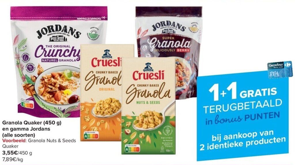 Granola Quaker en gamma Jordans 450 g promotie bij Carrefour