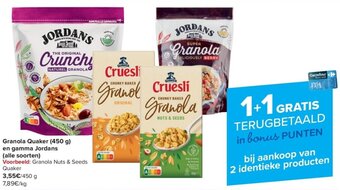 Carrefour Granola Quaker en gamma Jordans 450 g aanbieding