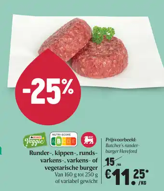 Runder-, kippen-, runds- varkens-, varkens- of vegetarische burger