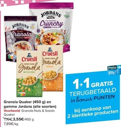 Granola quaker (450 g) en gamma jordans (alle soorten) promotie bij
