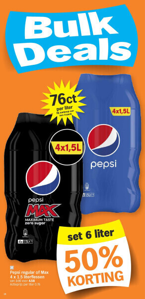 Albert Heijn Pepsi regular of max 4 x 1.5 literflessen aanbieding