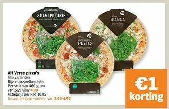 Albert Heijn Ah verse pizza`s mozzarella-pesto aanbieding