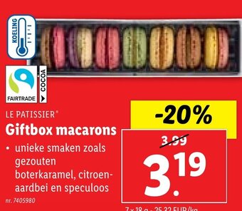 Lidl LE PATISSIER Giftbox macarons 7 x 18g aanbieding