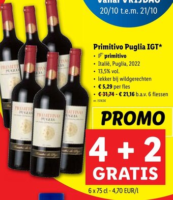 Lidl Primitivo Puglia IGT 13.5% vol 6 x 75cl aanbieding