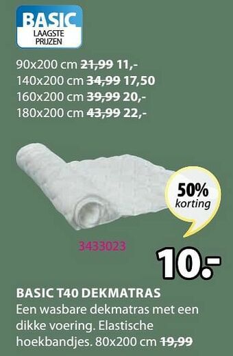 Jysk Basic t40 dekmatras aanbieding