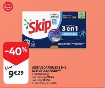 Auchan LESSIVE CAPSULES 3 EN 1 ACTIVE CLEAN SKIP aanbieding