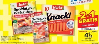 Carrefour Ontbijtspek, knacki, spekreepjes en spekblokjes herta aanbieding
