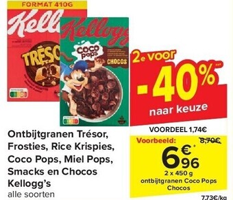 Carrefour Ontbijtgranen trésor, frosties, rice krispies, coco pops, miel pops, smacks en chocos kellogg’s aanbieding