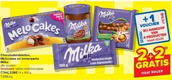 Carrefour Chocoladetabletten, melocakes en smeerpasta milka aanbieding
