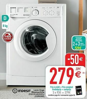 Cora Indesit lave-linge wasmachine ewc81483weu aanbieding