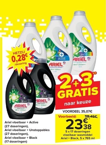 Carrefour Ariel vloeibaar + active (27 doseringen), ariel vloeibaar + unstoppables (27 doseringen), ariel vloeibaar + black (17 doserin aanbieding