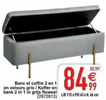 Cora Banc et coffre 2 en 1 en velours gris - koffer en bank 2 in 1 in grijs fluweel aanbieding