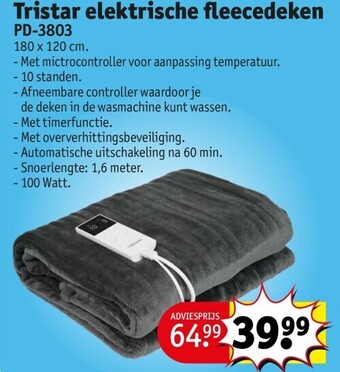 Kruidvat Tristar elektrische fleecedeken PD-3803 180  x1 20cm aanbieding