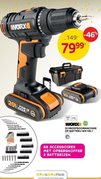 Brico Schroefboormachine op batterij wx108.1 aanbieding