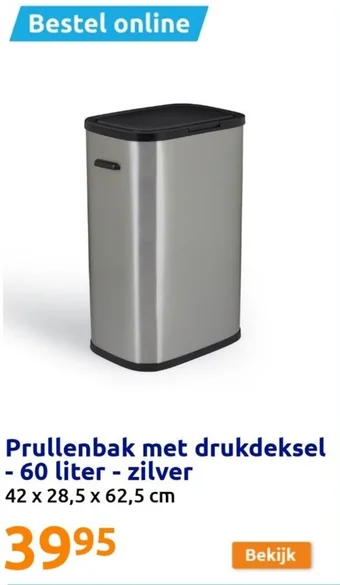 Action Prullenbak met drukdeksel - 60 liter - zilver aanbieding