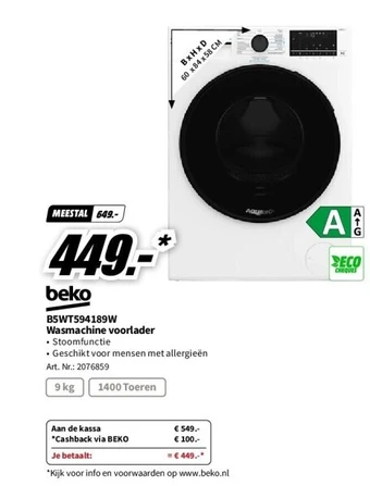 MediaMarkt Beko wasmachine voorlader aquatech comfort line a (b5wt594189w) aanbieding