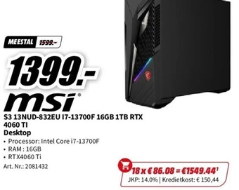 MediaMarkt Msi gaming pc mag infinite s3 13nud-832eu intel core i7-13700f aanbieding