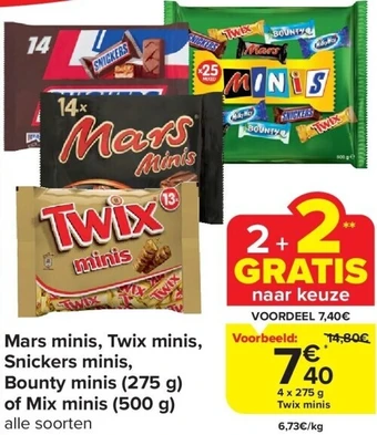 Carrefour Mars minis, twix minis, snickers minis, bounty minis (275 g) of mix minis (500 g) aanbieding