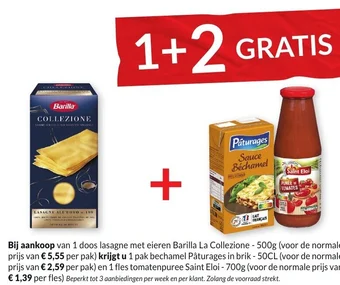 Intermarché Barilla La Collezione lasagna met eieren + bechamel Paturages in brik 50cl en Saint Eloi Tomatenpuree 700g aanbieding