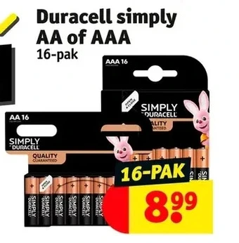 Kruidvat Duracell simply aa of aaa 16-PAK aanbieding