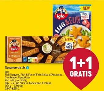 Delhaize Iglo Gepaneerde vis Fish Nuggets, Fish & Fun of Fish Sticks à l'Ancienne aanbieding