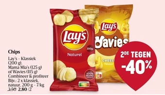 Delhaize Lay's - Klassiek (200 g), Mama Mia's (125 g) of Wavies (115 g) Chips aanbieding