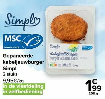 Carrefour Gepaneerde kabeljauwburger simpl aanbieding