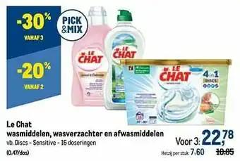 Makro Le chat wasmiddelen, wasverzachter en afwasmiddelen discs - sensitive aanbieding