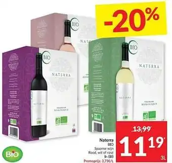 Intermarché Naterra bio spaanse wijn rood, wit of rosé 3 liter aanbieding