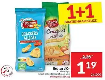 Intermarché Bouton d`or crackers light smaak pittige tomaat of room uien 2x100 gram aanbieding