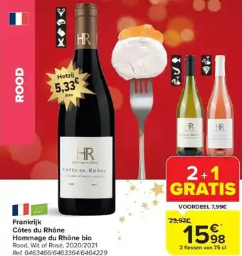 Carrefour Frankrijk Côtes du Rhône Hommage du Rhône bio 3 flessen van 75 cl aanbieding