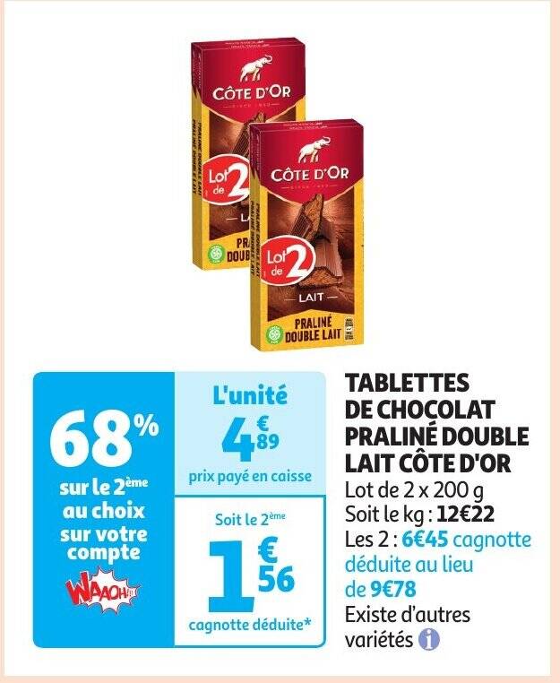 TABLETTES DE CHOCOLAT PRALINÉ DOUBLE LAIT CÔTE D'OR Lot de 2 x 200 g