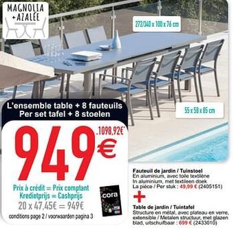 Cora Fauteuil de jardin - tuinstoel + table de jardin - tuintafel aanbieding