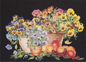 Thea gouverneur - borduurpakket met telpatroon - 2083.05 - voorgesorteerde dmc garens - viooltjes - zwart aida - 34 cm x 42 c