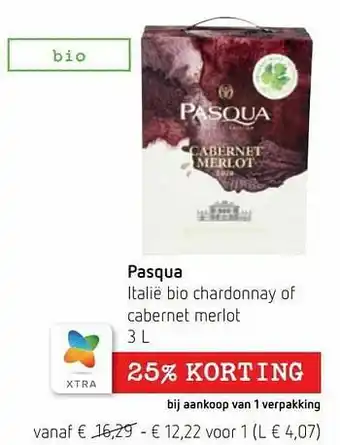 Spar Colruyt Pasqua bio chardonnay of cabernet merlot aanbieding